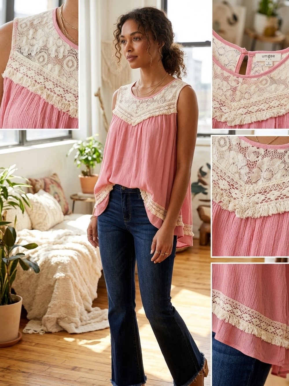 Umgee Rose Pink Lace-Trim Flowing Sleeveless Camisole